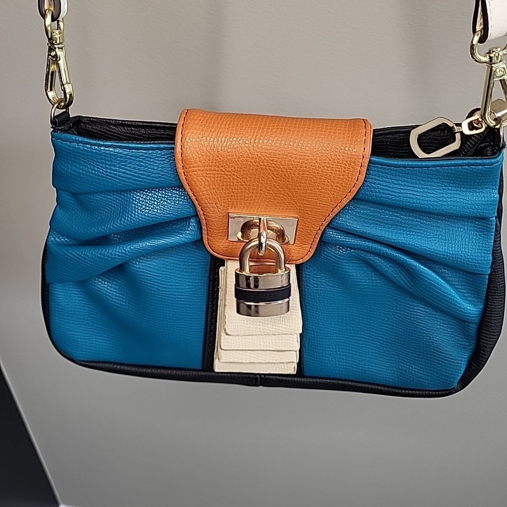 Retro 80's Style Gathered Crossbody Purse Lock Teal Cream Beige Black